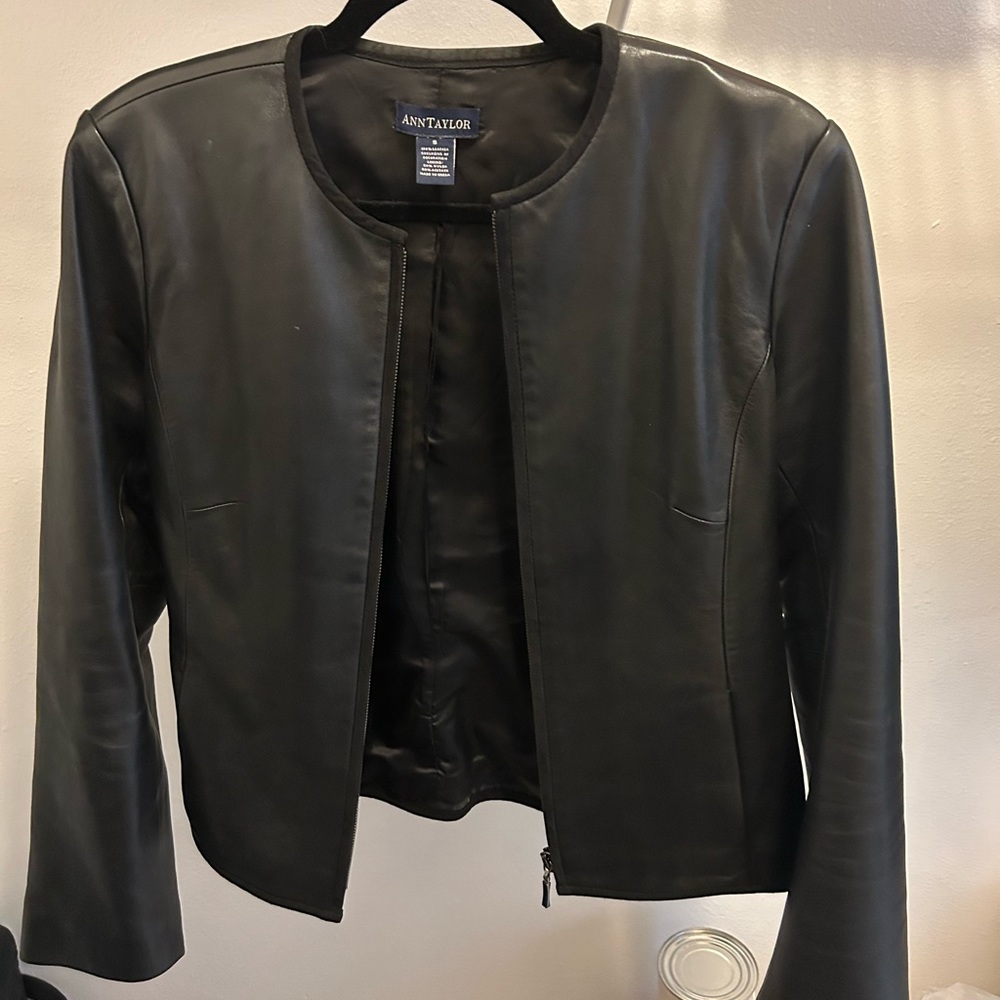 Ann Taylor Black Leather Jacket - Collarless Zip Front